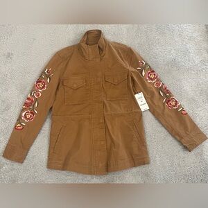 Style & Co Embroidery Field Jacket PP Brown Full Zip/Button String Enclosure NWT